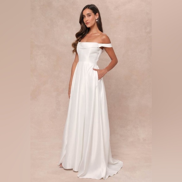 Lulus Dresses & Skirts - Lulus Extraordinary Vow White Off-the-Shoulder Maxi
Dress with Pockets